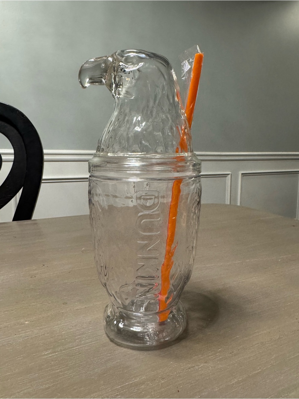 DUNKIN Clear Eagle Head Tumbler with Orange Straw NEVER BEEN USED